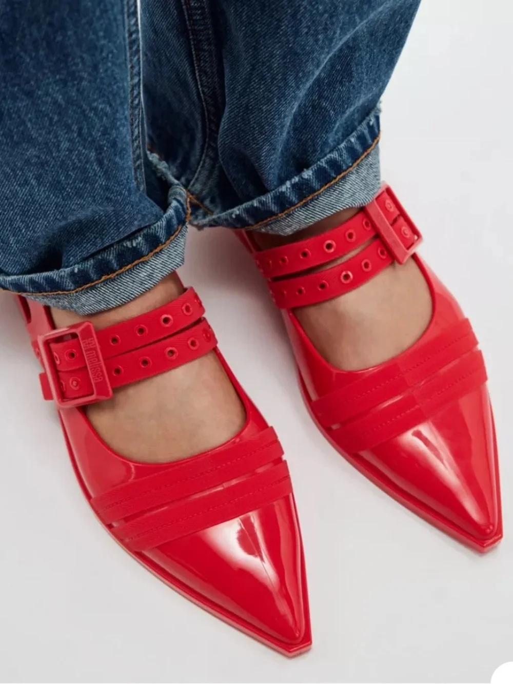 🆕Melissa Ladylike Mary Jane Pointed Toe Flat Slingback Size 37 / 8 Red NWOB